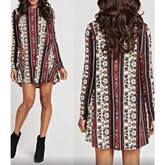 Show Me Your Mumu Dresses & Skirts - Show Me Your Mumu Mini Tunic Dress women’s XS Red Black Floral Boho Long Sleeve